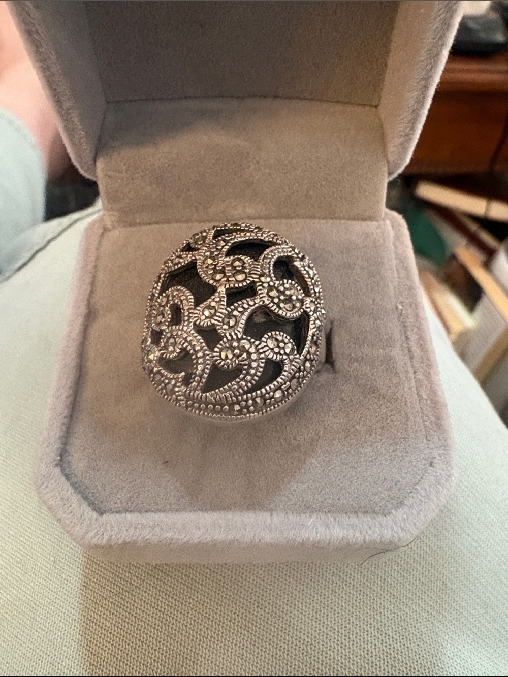 Ornate Sterling Silver Marcasite Filigree Dome Ring